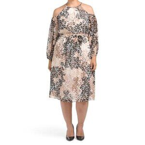London Times Womens Black Ivory Leopard Cold Shoulder Midi Dress Plus Sz 2X New
